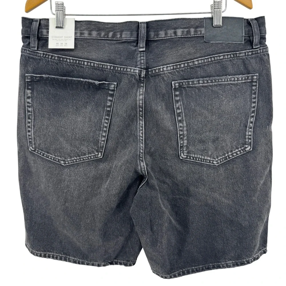 Zara Straight Short Mens 38 Black Denim Mid Waist Slim Thigh Button Fly New